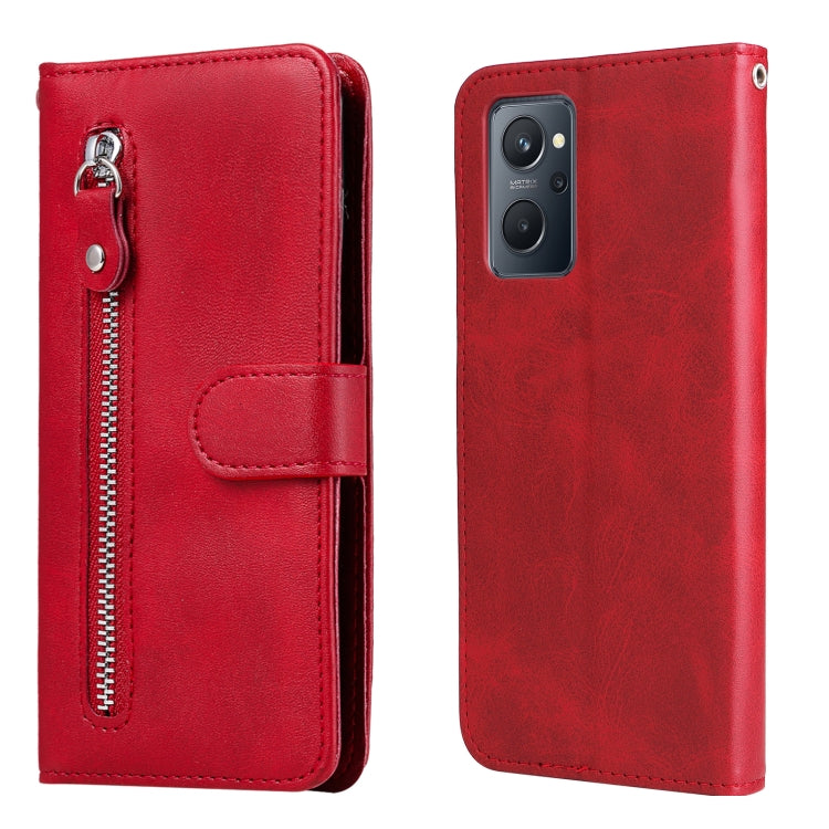 Red leather flip wallet phone case with zipper and card slot, rear camera cutout.