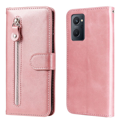 Rose gold leather flip wallet phone case with zipper and card slot, rear camera cutout.