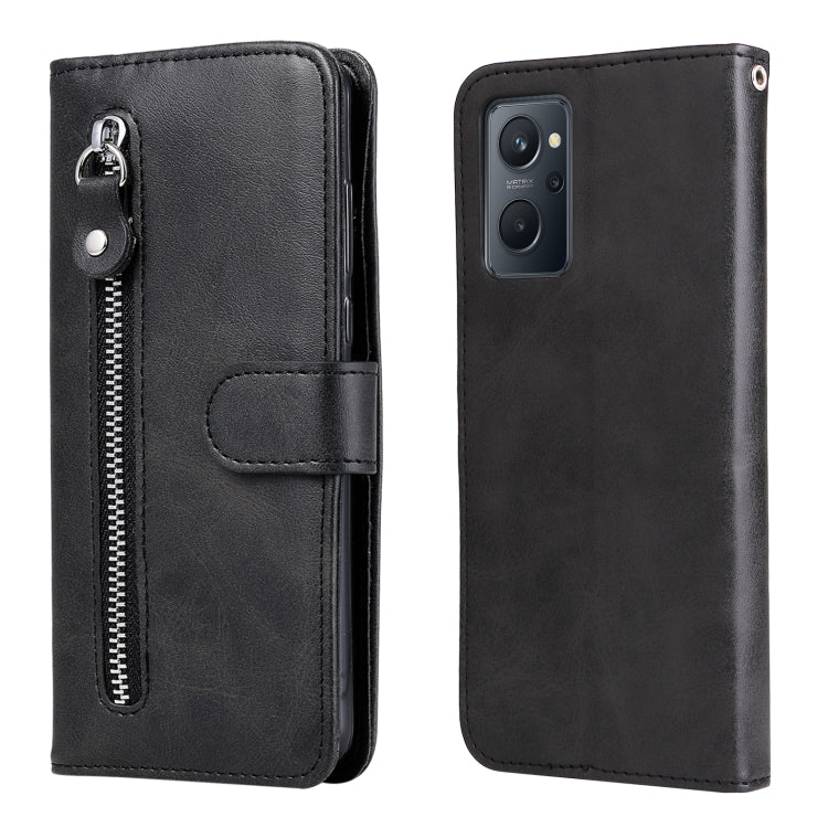Black leather flip wallet phone case with zipper and card slot, rear camera cutout.