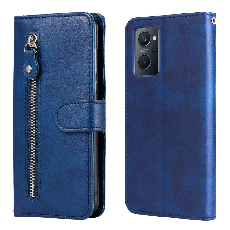 Blue leather flip phone case with zipper and card holder, shown front and back.