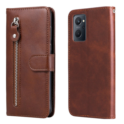 Brown leather flip phone case with zipper and card holder, back camera cutout shown.