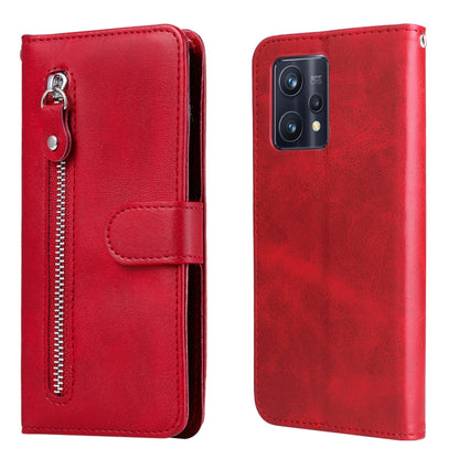 Red leather flip phone case with zipper and card holder, shown front and back.