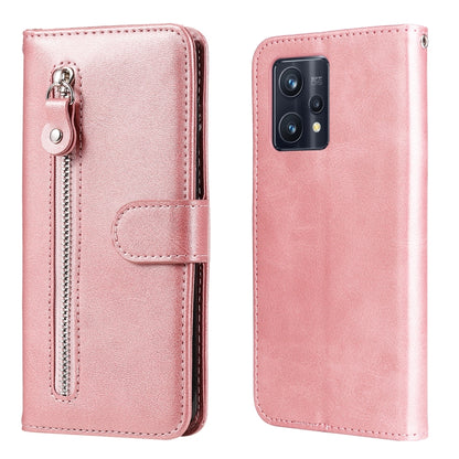 Rose-pink leather wallet case with zipper pull and flip cover, shown front and back.