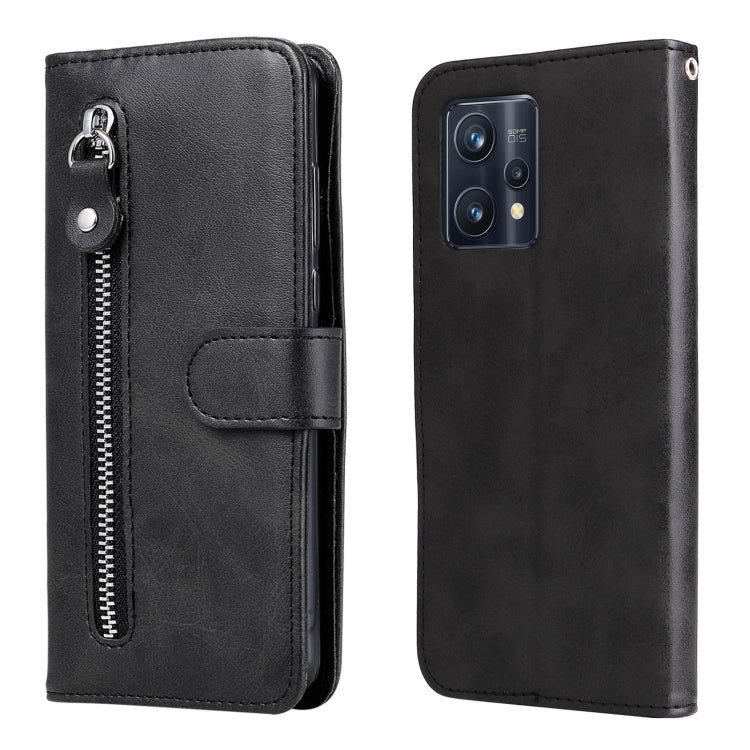Black leather flip phone case with zipper and card holder, shown front and back.