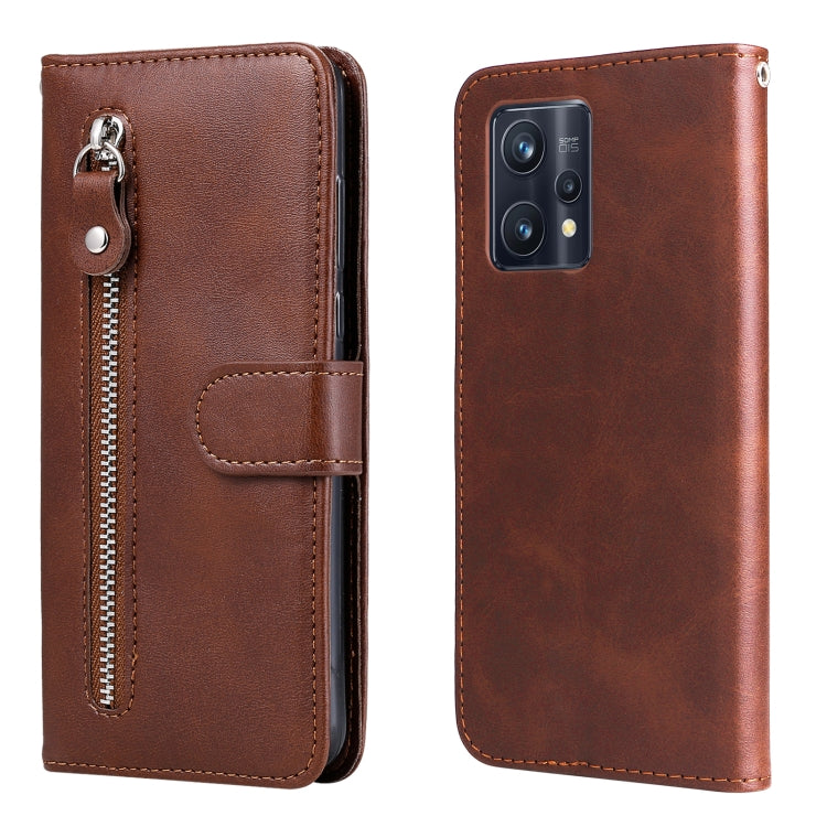 Brown leather flip phone case with horizontal zipper and card holder