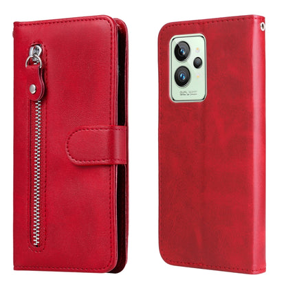 Red leather flip phone case with horizontal zipper and card holder