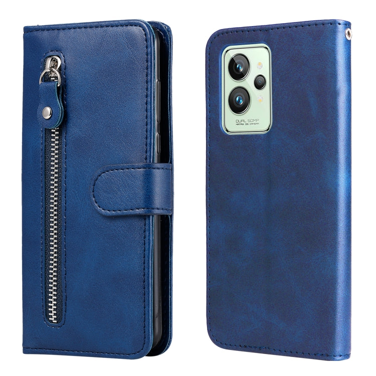 Blue leather flip phone case with horizontal zipper and card pocket, silver zipper pull.