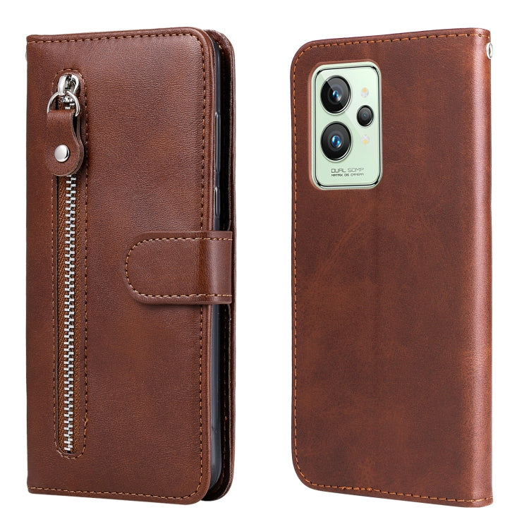 Brown leather flip phone case with horizontal zipper and card pocket, camera cutout.