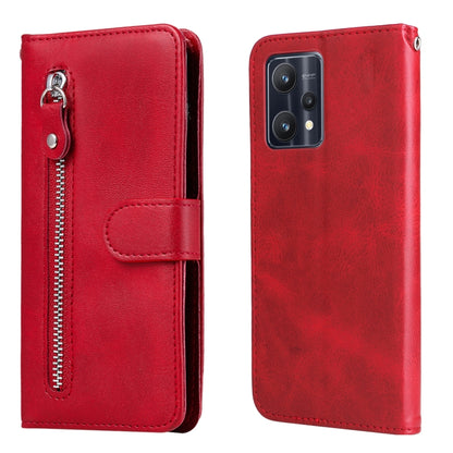 Red leather flip phone case with horizontal zipper and card pocket, silver hardware.