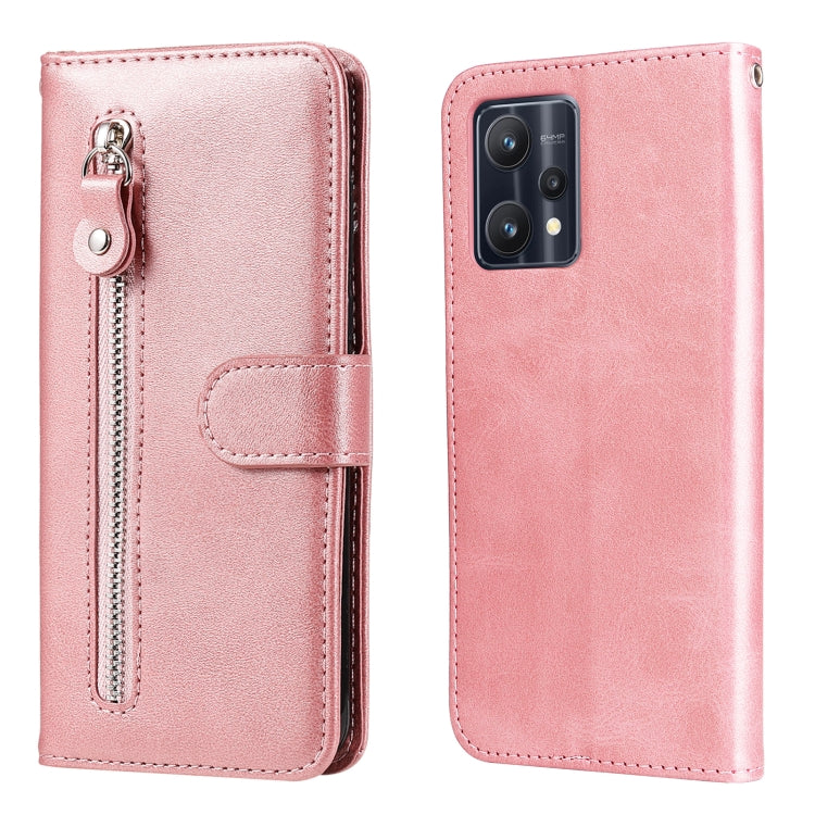 Light pink leather flip phone case with horizontal zipper and card pocket, silver hardware.
