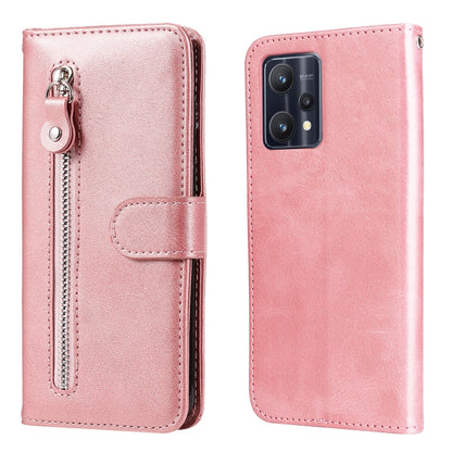 Light pink leather flip phone case with horizontal zipper and card pocket, silver hardware.