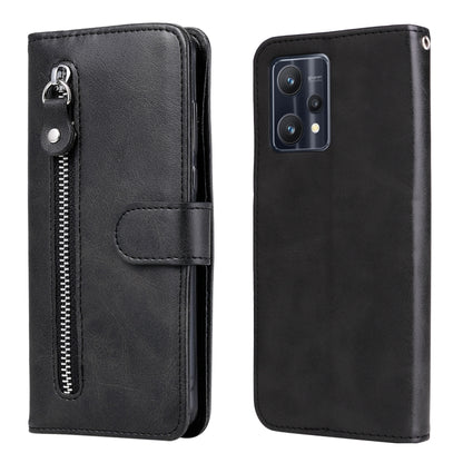 Black leather flip phone case with horizontal zipper and card pocket, camera window.