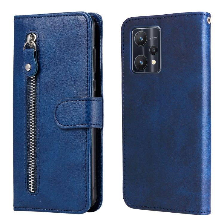 Blue leather flip phone case with horizontal zipper and card pocket, front camera cutout.