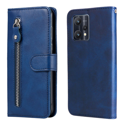 Blue leather flip phone case with horizontal zipper and card pocket, front camera cutout.