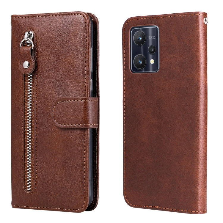 Brown leather flip phone case with horizontal zipper, card slot, and camera cutout