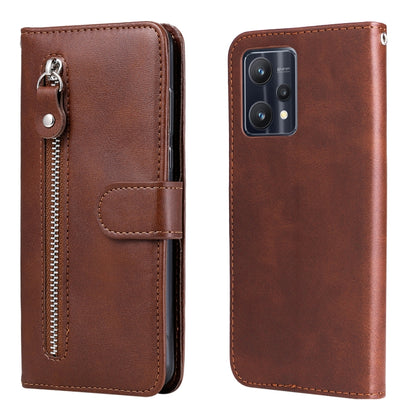 Brown leather flip phone case with horizontal zipper, card slot, and camera cutout