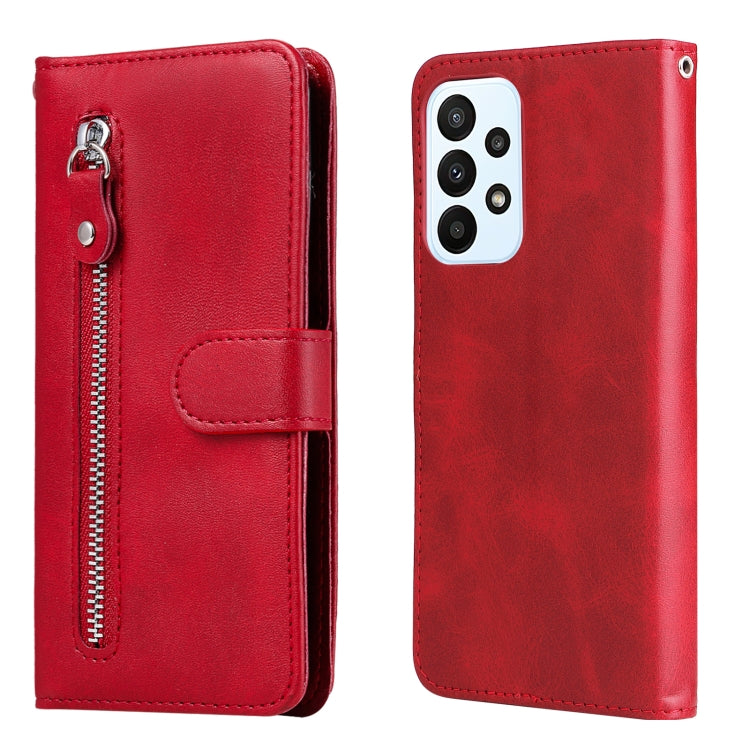 Red leather flip wallet phone case with zipper and card slot, rear camera cutout.