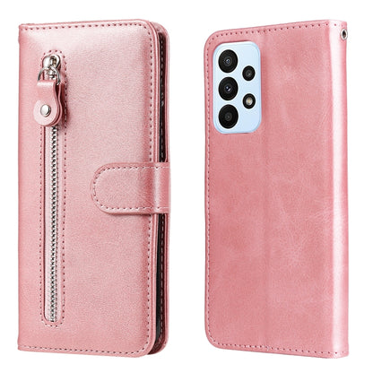 Pink leather flip phone case with zipper and card holder, shown front and back.