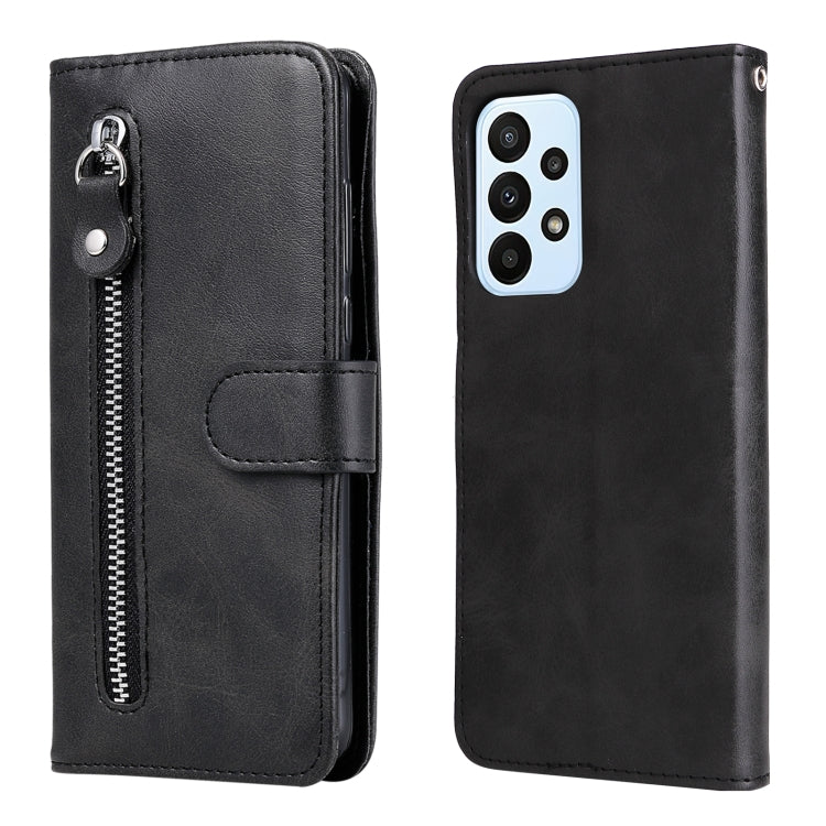 Black leather flip phone case with zipper and card holder, shown front and back.