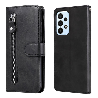 Black leather flip phone case with zipper and card holder, shown front and back.