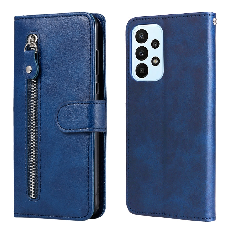 Blue leather flip phone case with zipper and card holder, back camera cutout shown.