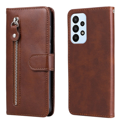 Brown leather flip phone case with zipper and card holder, shown front and back.