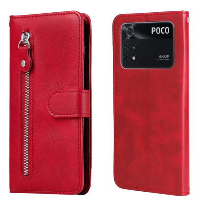 Red leather flip phone case with zipper and POCO camera cutout, front and back.