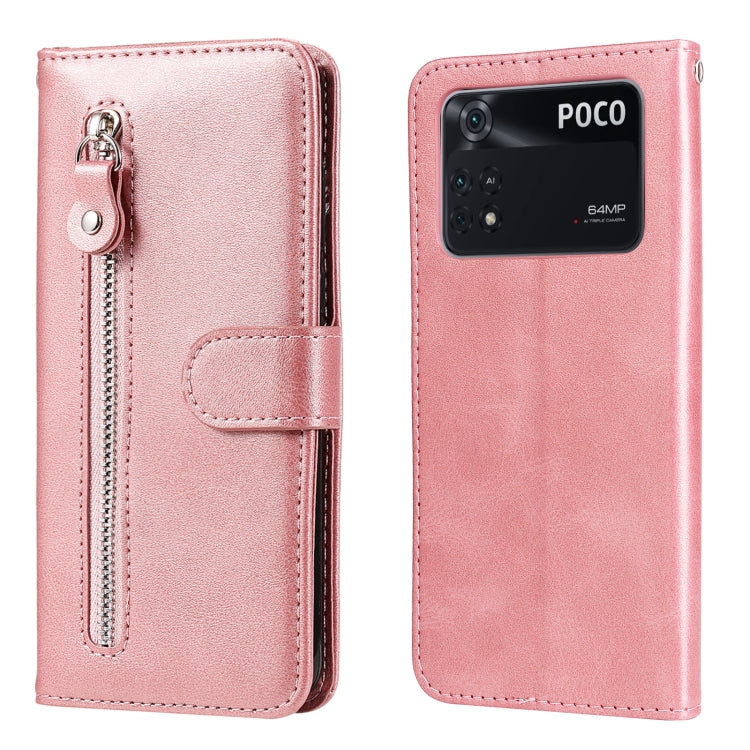 Rose gold leather flip phone case with horizontal zipper and card holder