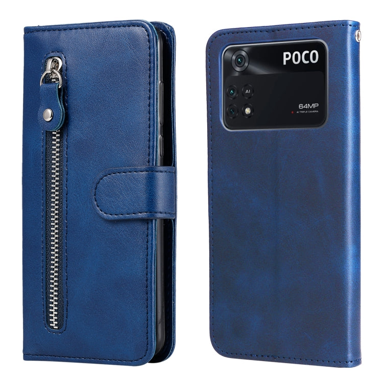 Blue leather flip phone case with horizontal zipper and card holder