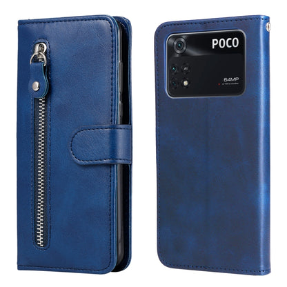 Blue leather flip phone case with horizontal zipper and card holder