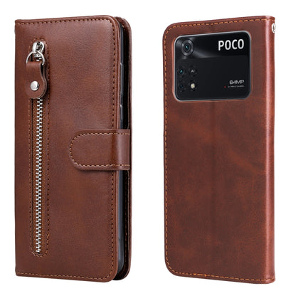 Brown leather flip phone case with horizontal zipper and card holder