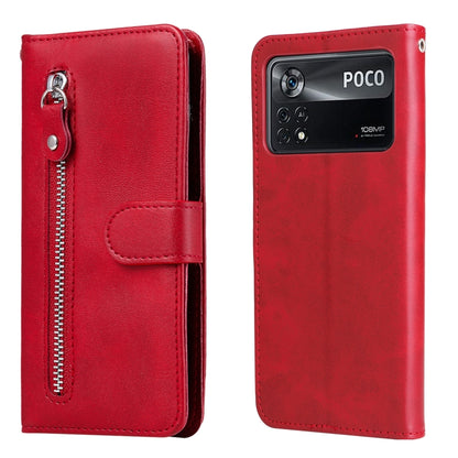Red leather flip phone case with horizontal zipper and card holder