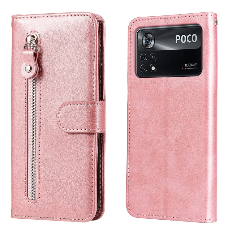 Rose pink leather flip phone case with horizontal zipper and card pocket, silver hardware.