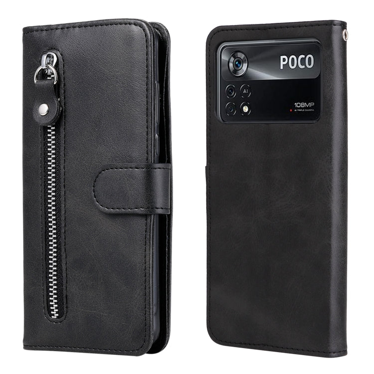 Black leather flip phone case with horizontal zipper and card pocket, silver zipper pull.