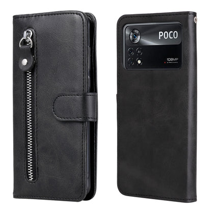 Black leather flip phone case with horizontal zipper and card pocket, silver zipper pull.