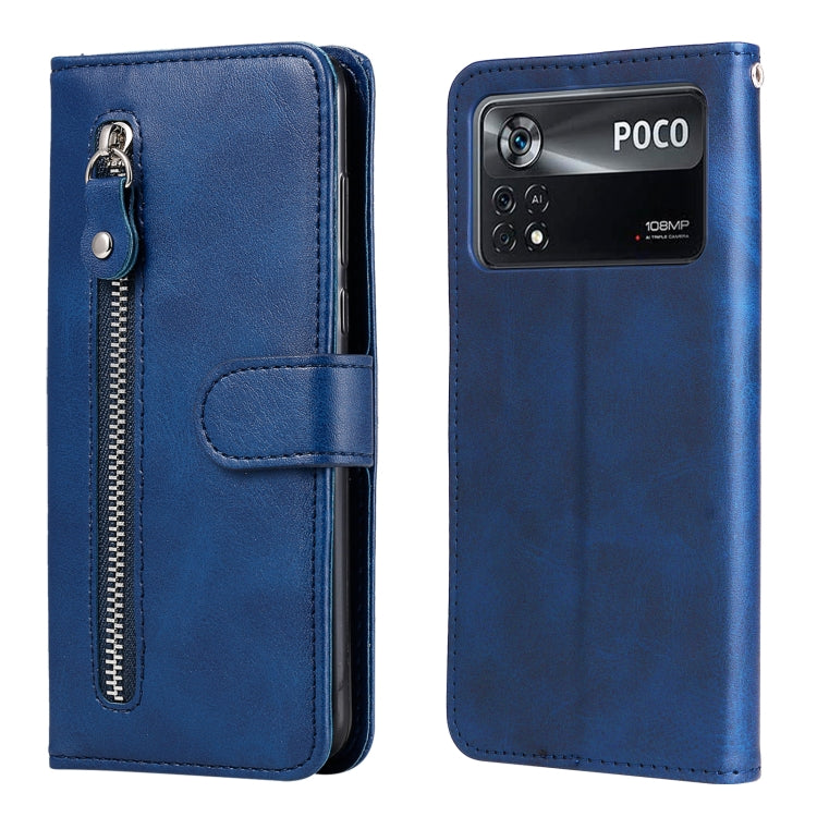 Blue leather flip phone case with horizontal zipper and card pocket, front camera cutout.