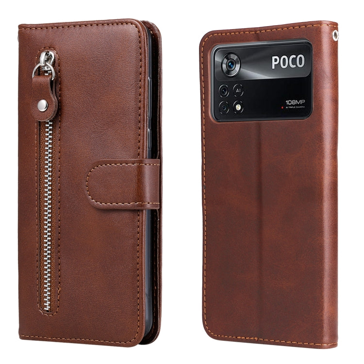 Brown leather flip phone case with horizontal zipper and card pocket, silver zipper pull.