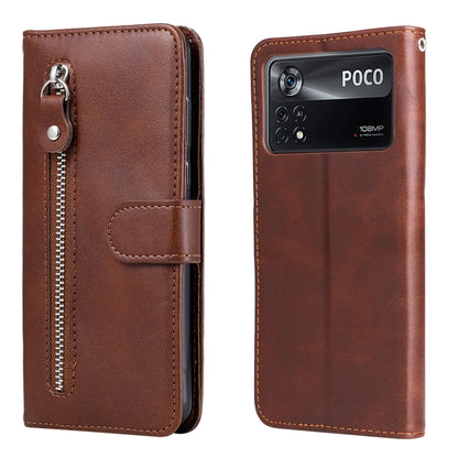 Brown leather flip phone case with horizontal zipper and card pocket, silver zipper pull.