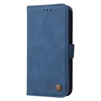 Blue leather flip phone case with metal button and precise side cutouts.