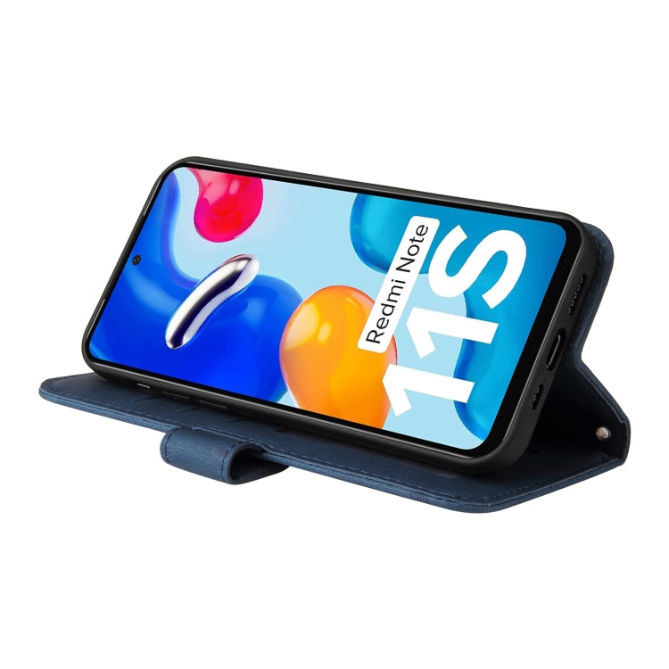 Blue leather flip phone case with kickstand stand-up support and metal button.