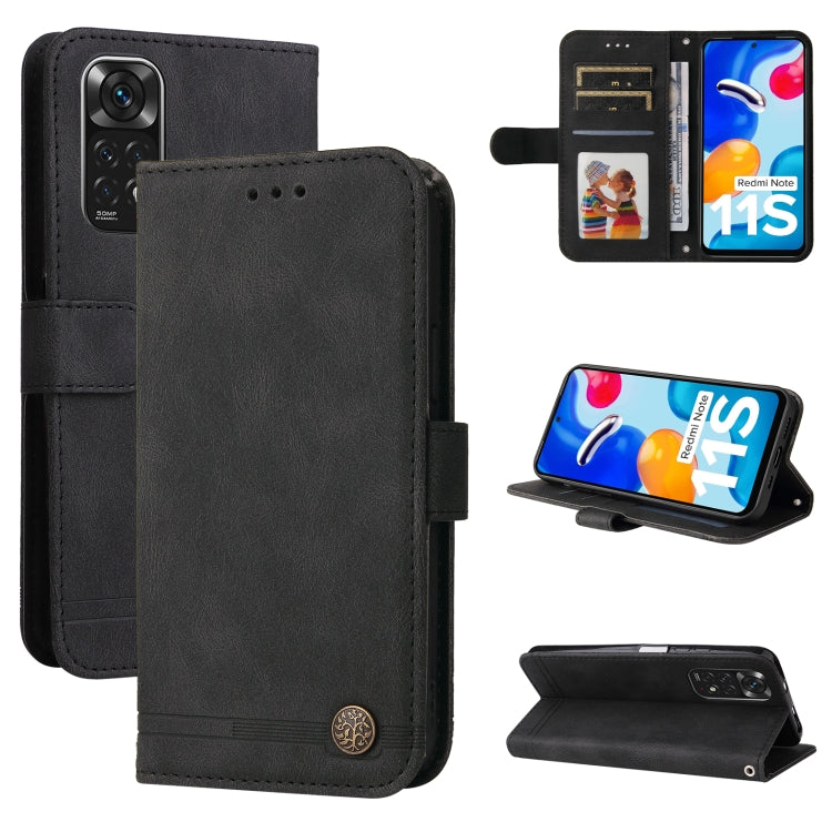Black leather flip phone case with metal button, card slots, and camera cutout.
