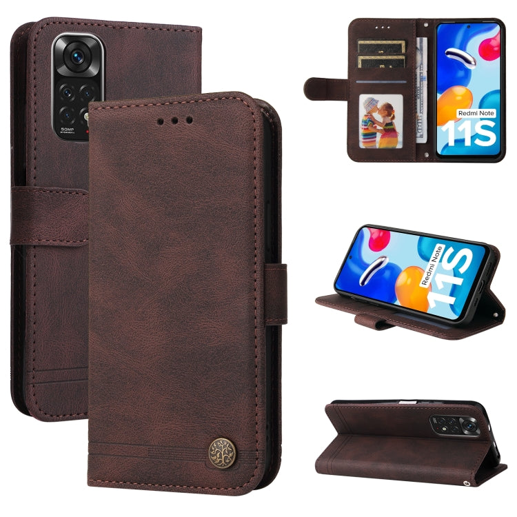 Brown leather flip phone case with metal button, card slots, and camera cutout.