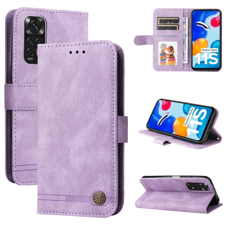 Purple leather flip phone case with metal button, card slots, and camera cutout.