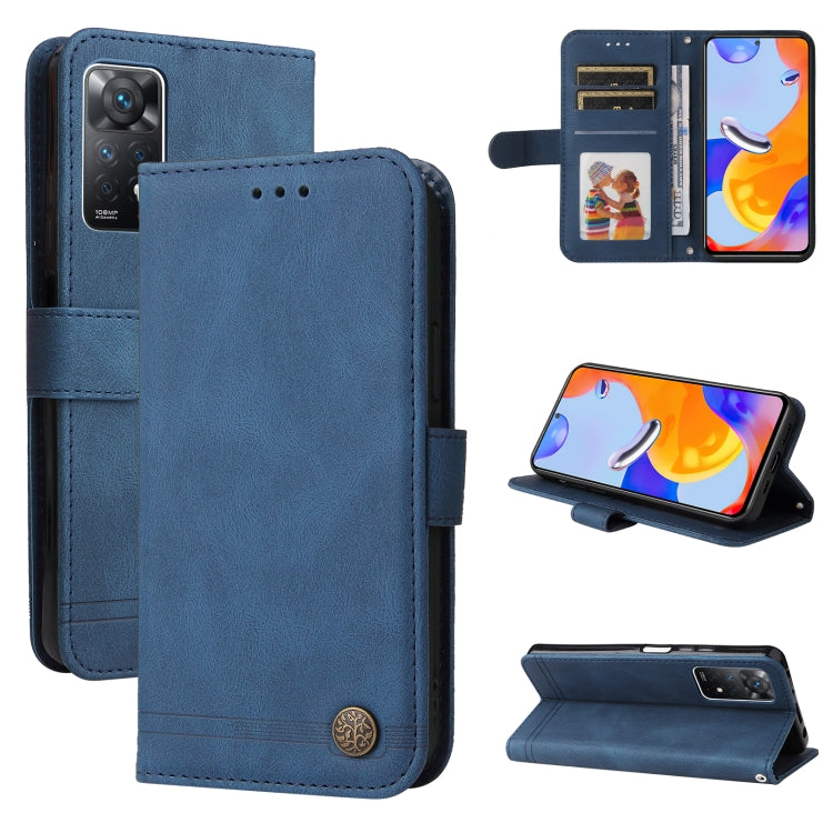 Blue horizontal flip leather phone case with card slots and magnetic button closure