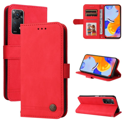 Red horizontal flip leather phone case with card slots and built-in stand view