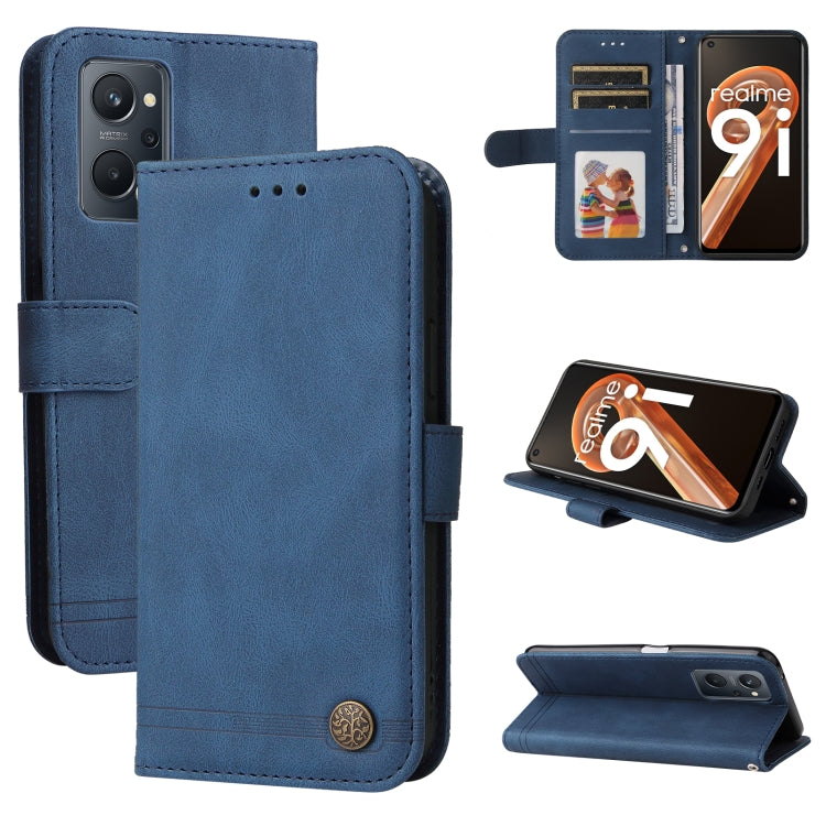 Blue leather flip phone case with metal button, card slots, and kickstand
