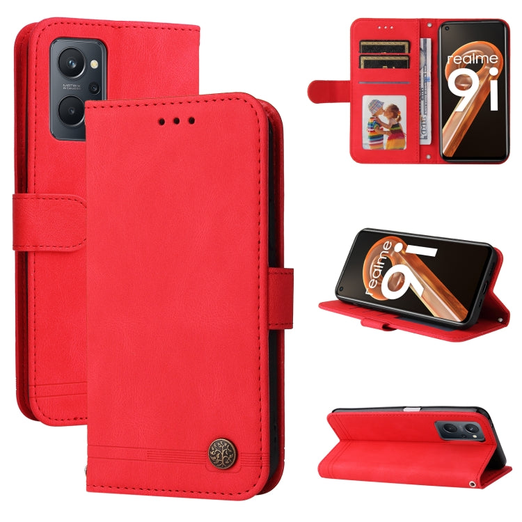 Red horizontal flip leather phone case with card slots and built-in stand view
