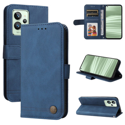 Blue leather flip phone case with metal button, card slots, and kickstand