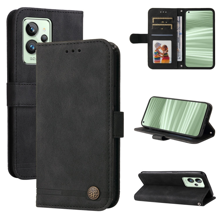 Black leather flip phone case with metal button, card slots, and kickstand