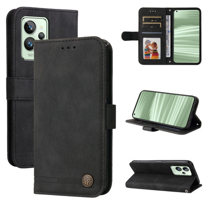 Black leather flip phone case with metal button, card slots, and kickstand